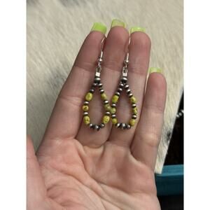 Native American Sterling Silver Navajo Pearl Palomino Turquoise Hoops Earrings